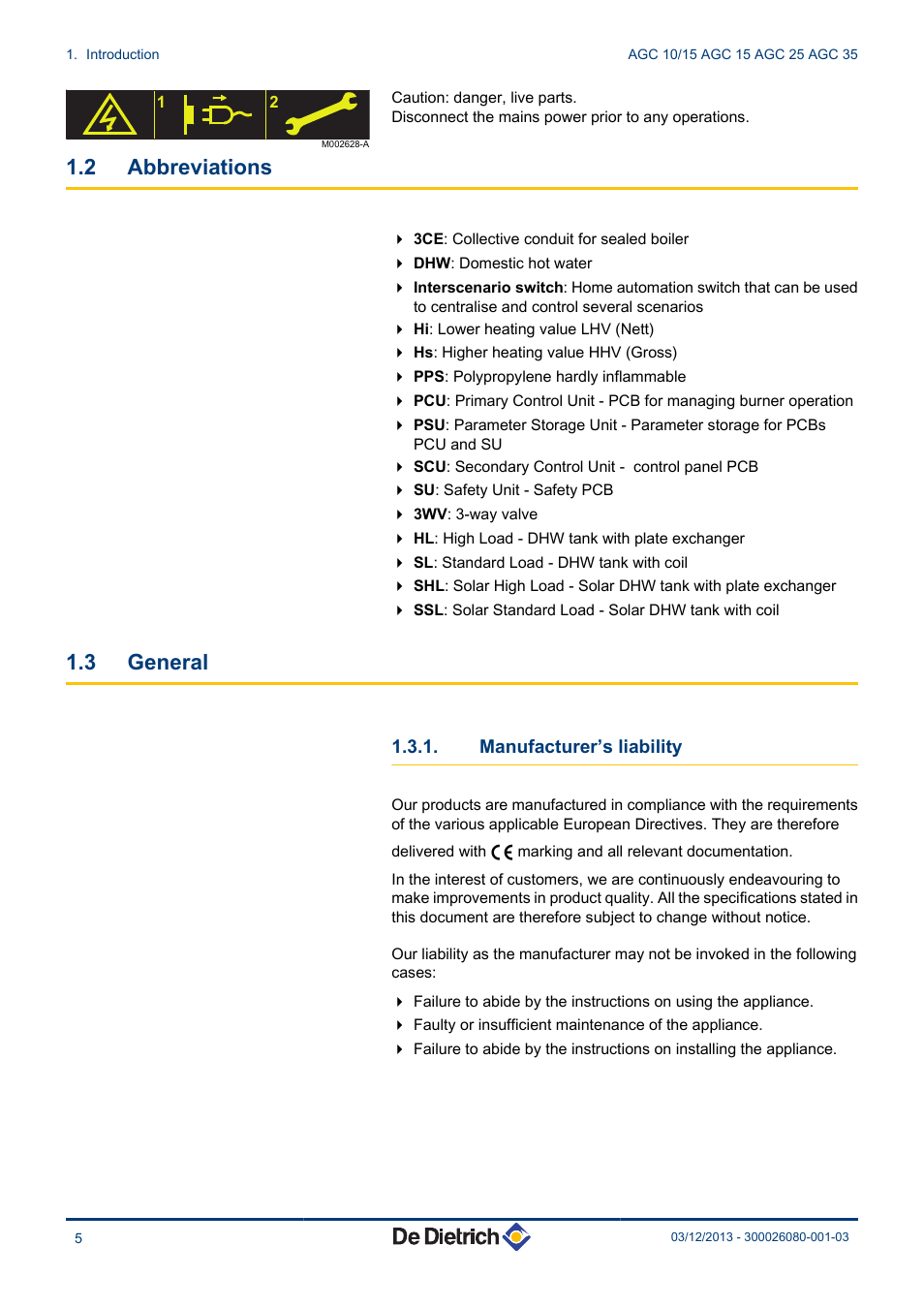 Abbreviations, General, Manufacturer’s liability | 2 abbreviations, 3 general | DE DIETRICH MODULENS AGC 15, AGC 25, AGC 35 User Manual | Page 6 / 44