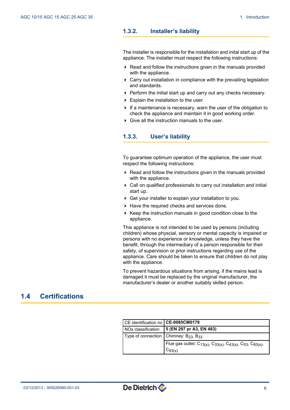 Installer’s liability, User’s liability, Certifications | 4 certifications | DE DIETRICH MODULENS AGC 15, AGC 25, AGC 35 User Manual | Page 7 / 44