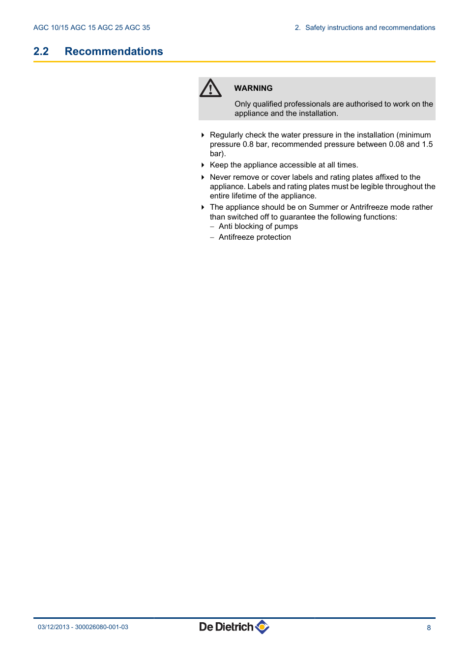 Recommendations, 2 recommendations | DE DIETRICH MODULENS AGC 15, AGC 25, AGC 35 User Manual | Page 9 / 44