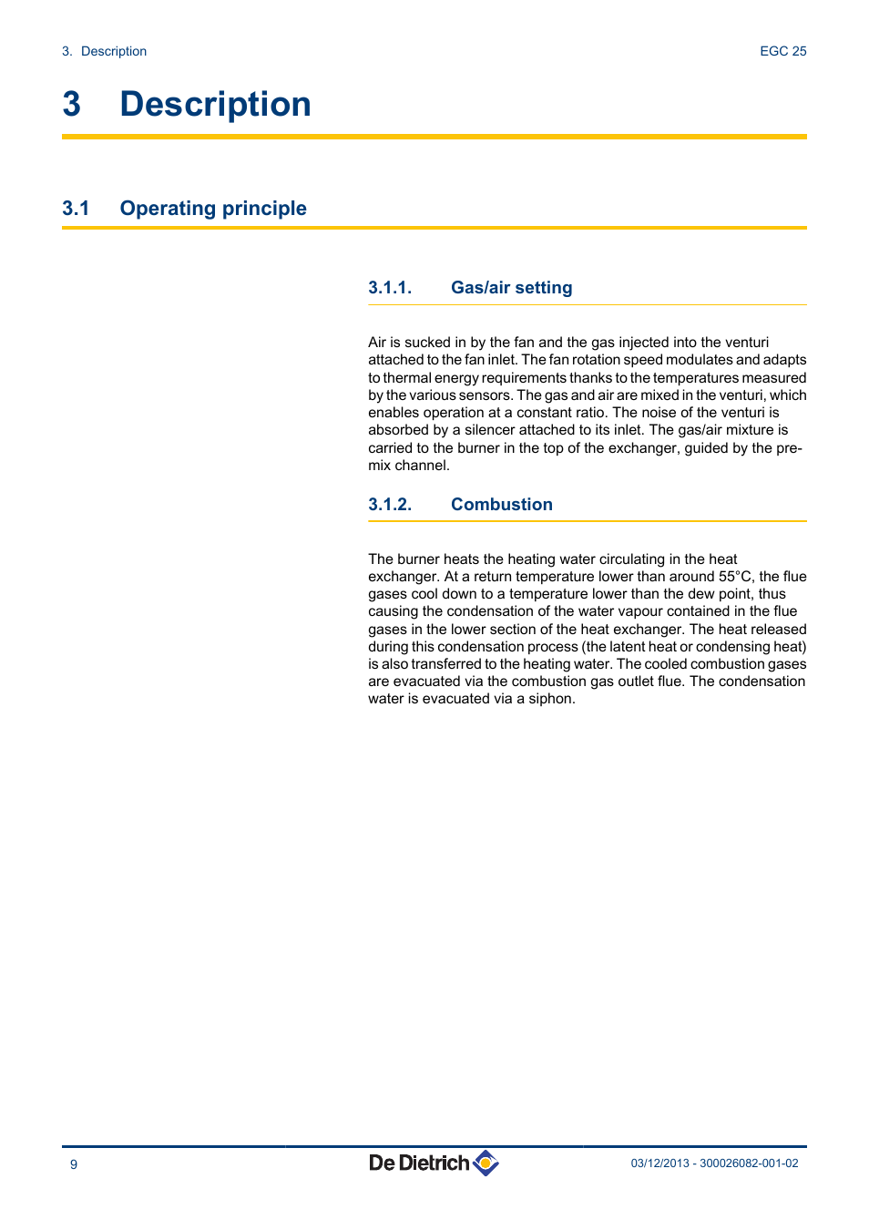 Description, Operating principle, Gas/air setting | Combustion, 3 description, 1 operating principle | DE DIETRICH TWINEO EGC 25 User Manual | Page 10 / 32