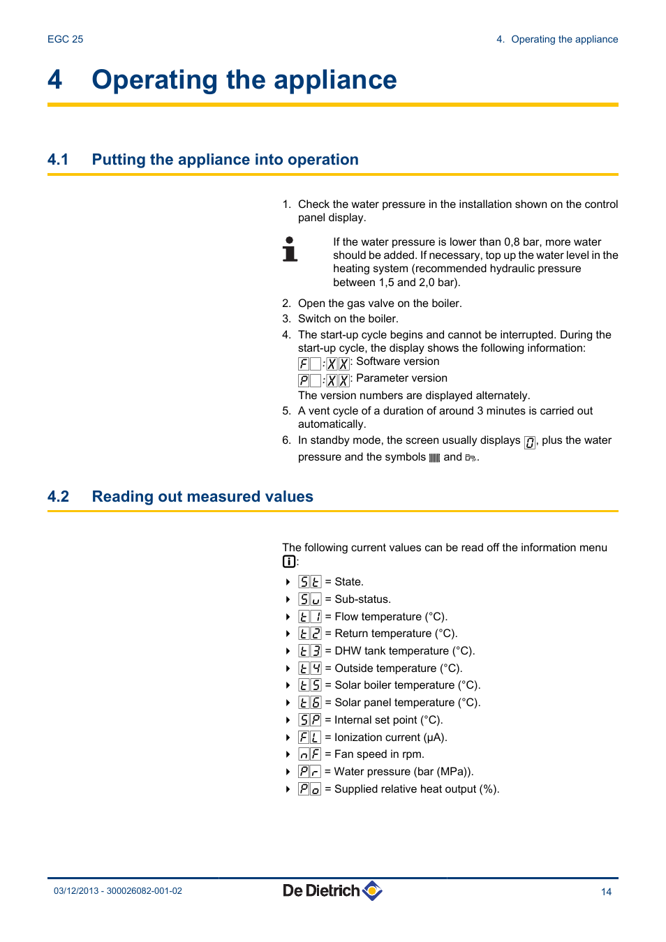 Operating the appliance, Putting the appliance into operation, Reading out measured values | 4 operating the appliance, 1 putting the appliance into operation, 2 reading out measured values | DE DIETRICH TWINEO EGC 25 User Manual | Page 15 / 32