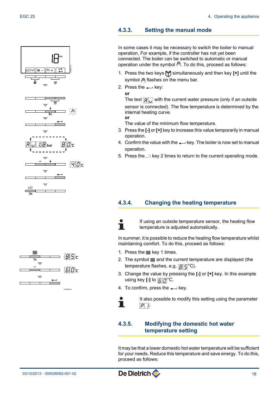 Setting the manual mode, Changing the heating temperature, Modifying the domestic hot water temperature | Setting | DE DIETRICH TWINEO EGC 25 User Manual | Page 19 / 32