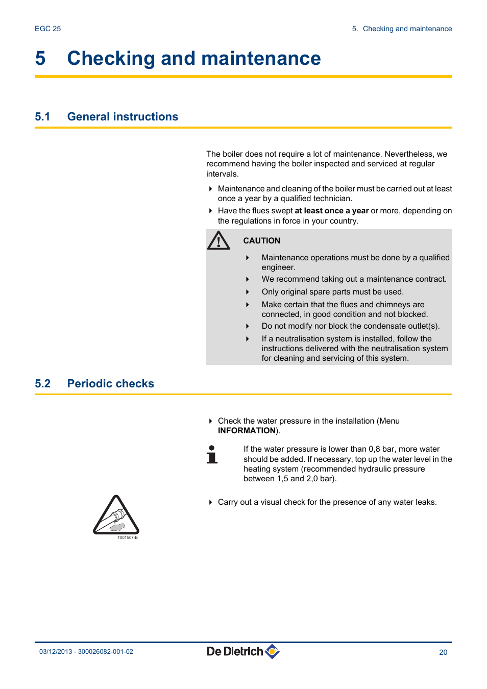 Checking and maintenance, General instructions, Periodic checks | 5 checking and maintenance, 1 general instructions, 2 periodic checks | DE DIETRICH TWINEO EGC 25 User Manual | Page 21 / 32