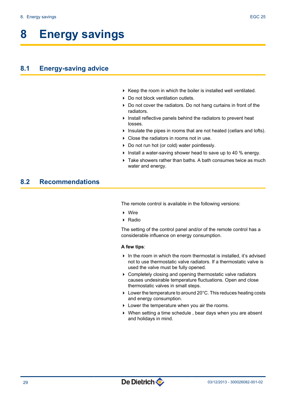 Energy savings, Energy-saving advice, Recommendations | 8 energy savings, 1 energy-saving advice, 2 recommendations | DE DIETRICH TWINEO EGC 25 User Manual | Page 30 / 32