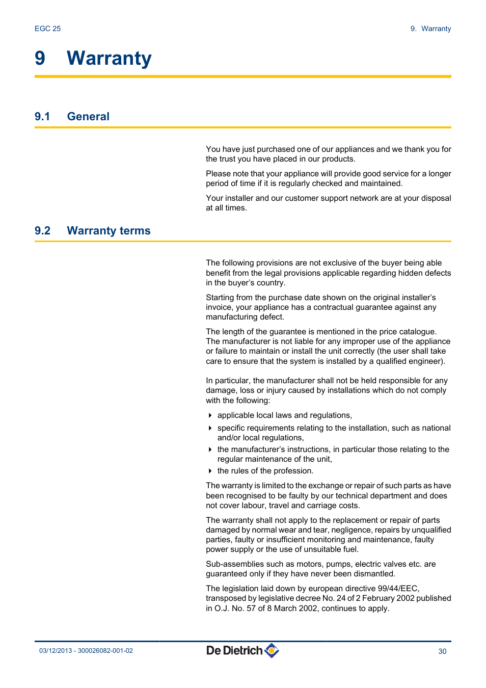 Warranty, General, Warranty terms | 9 warranty, 1 general, 2 warranty terms | DE DIETRICH TWINEO EGC 25 User Manual | Page 31 / 32