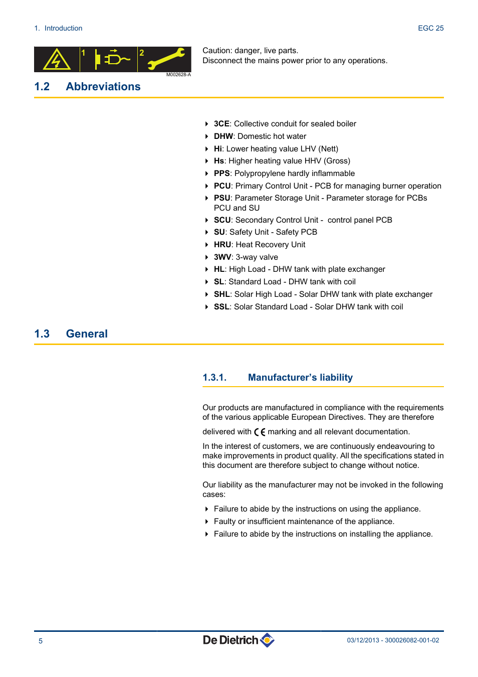 Abbreviations, General, Manufacturer’s liability | 2 abbreviations, 3 general | DE DIETRICH TWINEO EGC 25 User Manual | Page 6 / 32
