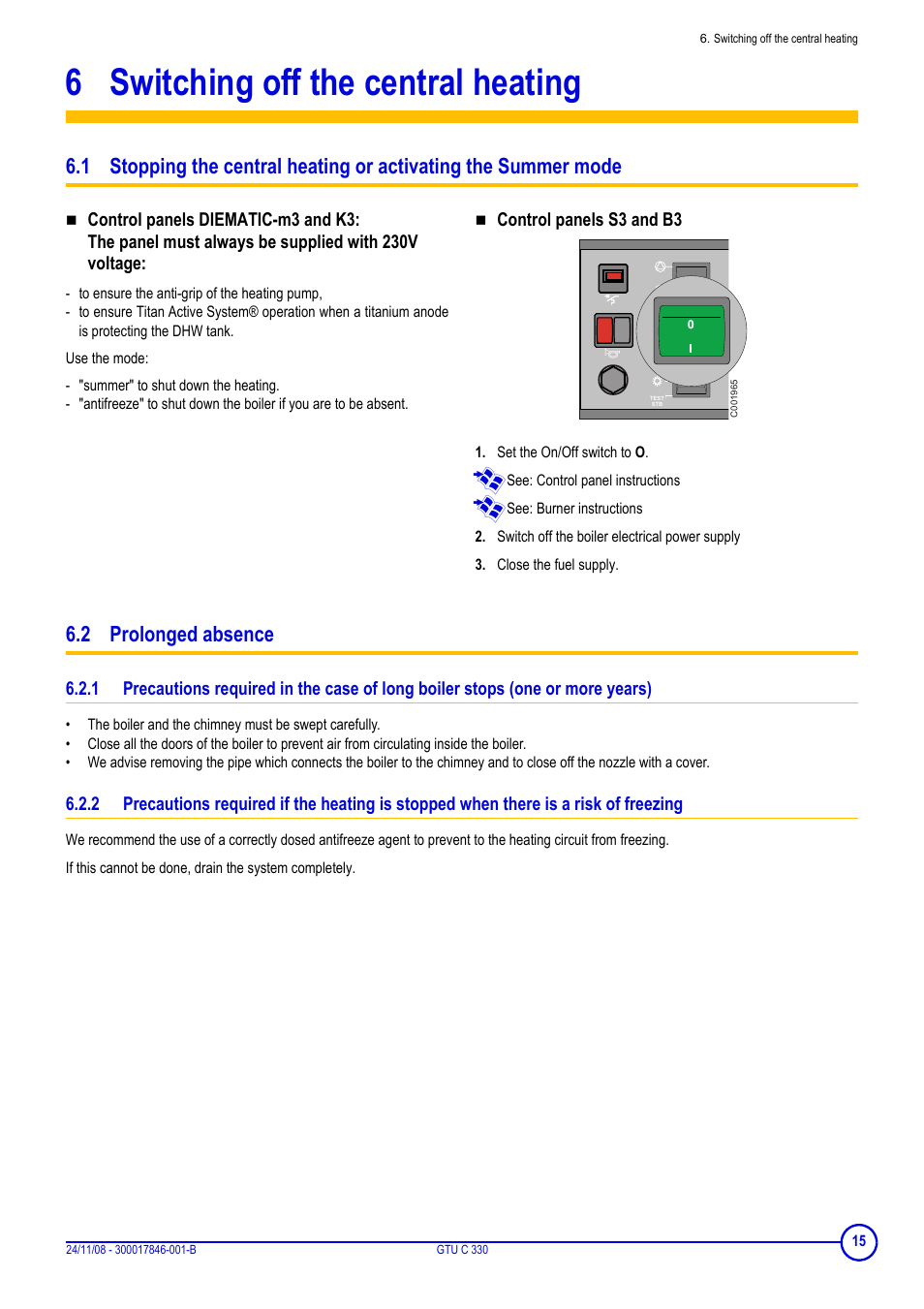 6 switching off the central heating, 2 prolonged absence, Control panels s3 and b3 | DE DIETRICH GTU C 330 User Manual | Page 15 / 24