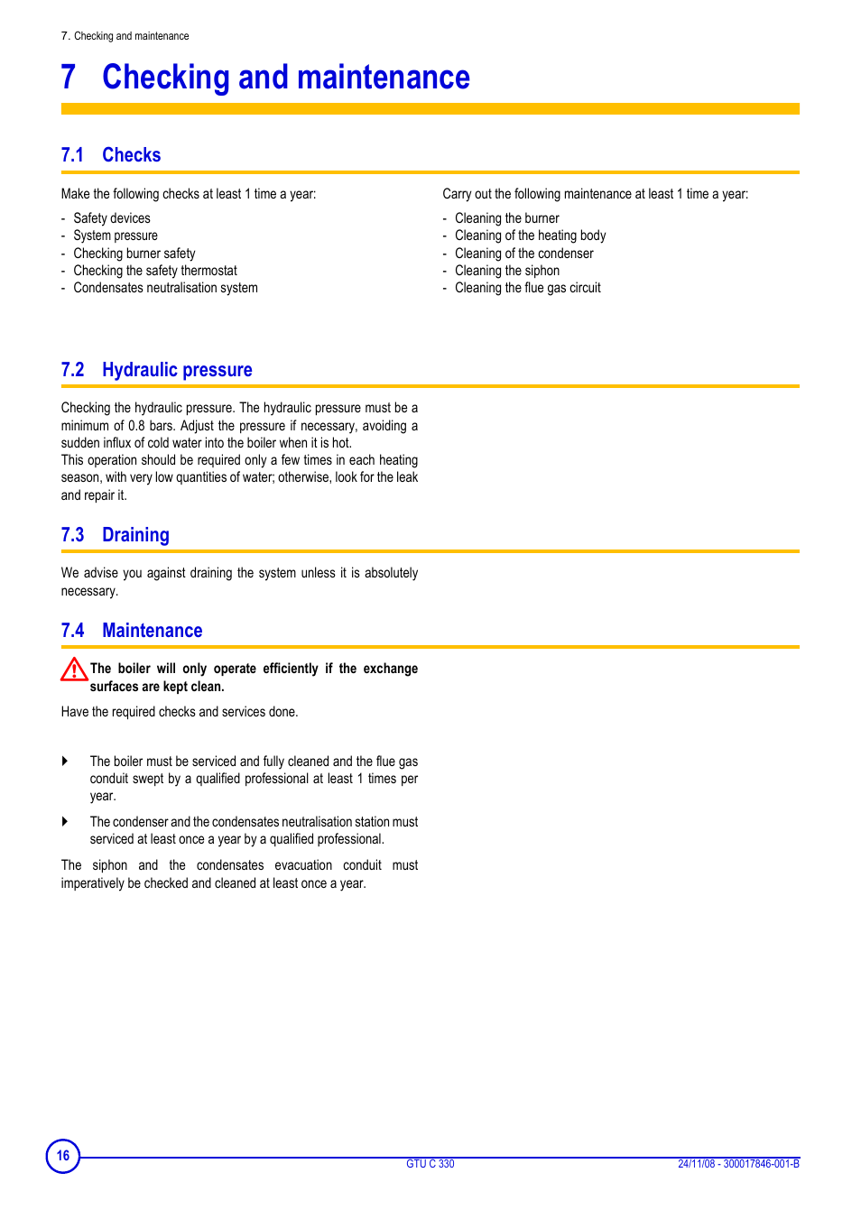 7 checking and maintenance, 1 checks, 2 hydraulic pressure | 3 draining, 4 maintenance, Checking and maintenance | DE DIETRICH GTU C 330 User Manual | Page 16 / 24