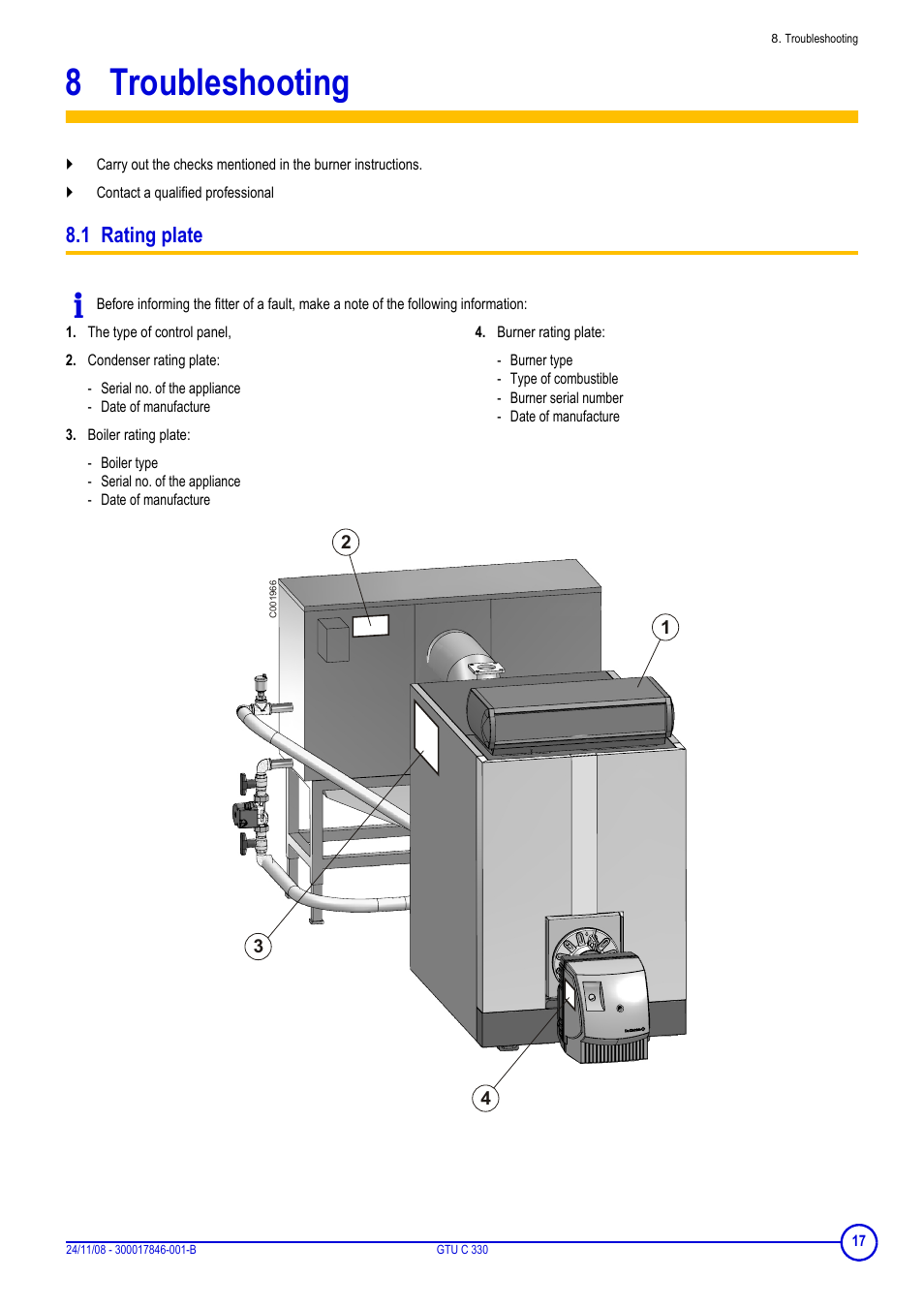8 troubleshooting, 1 rating plate, Troubleshooting | DE DIETRICH GTU C 330 User Manual | Page 17 / 24