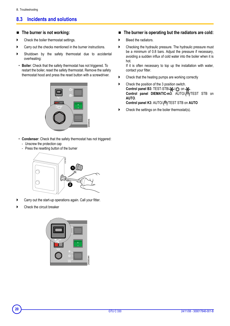 3 incidents and solutions, The burner is not working, The burner is operating but the radiators are cold | DE DIETRICH GTU C 330 User Manual | Page 20 / 24