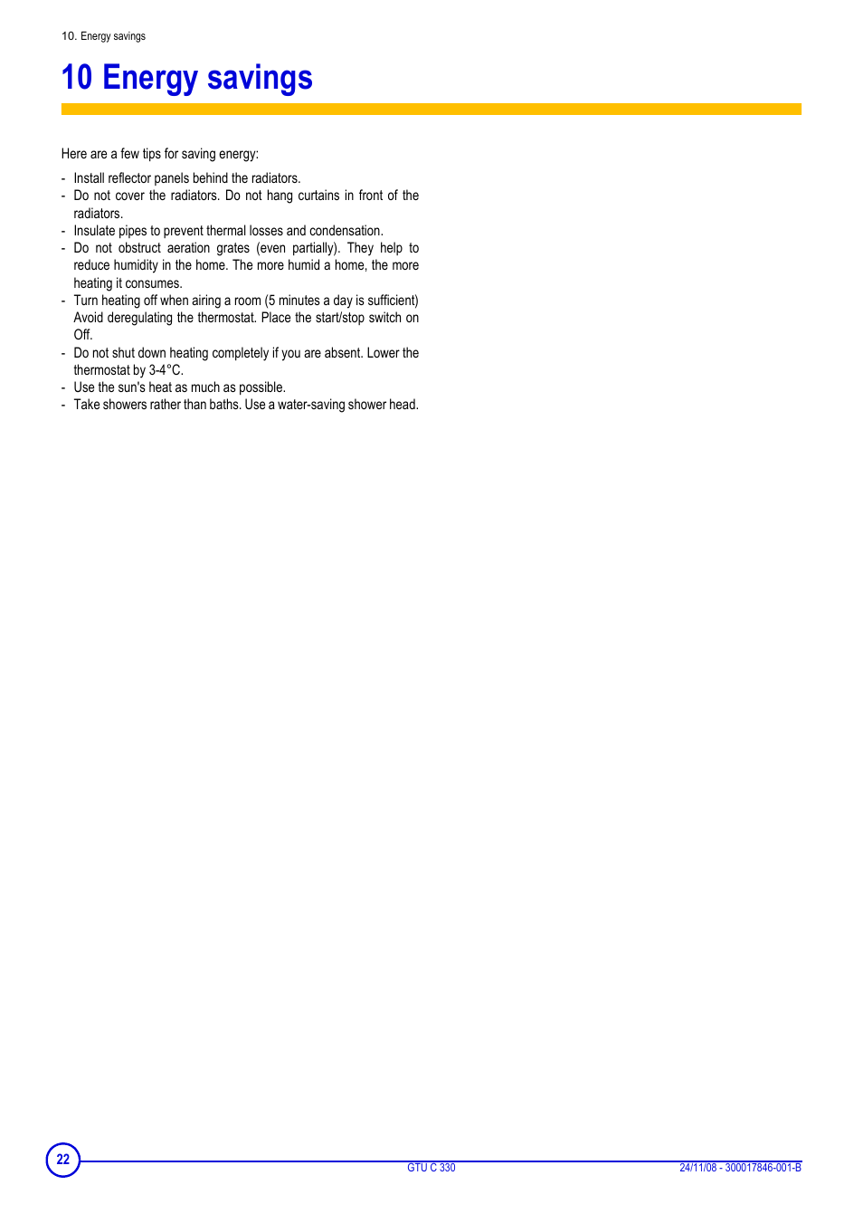 10 energy savings | DE DIETRICH GTU C 330 User Manual | Page 22 / 24