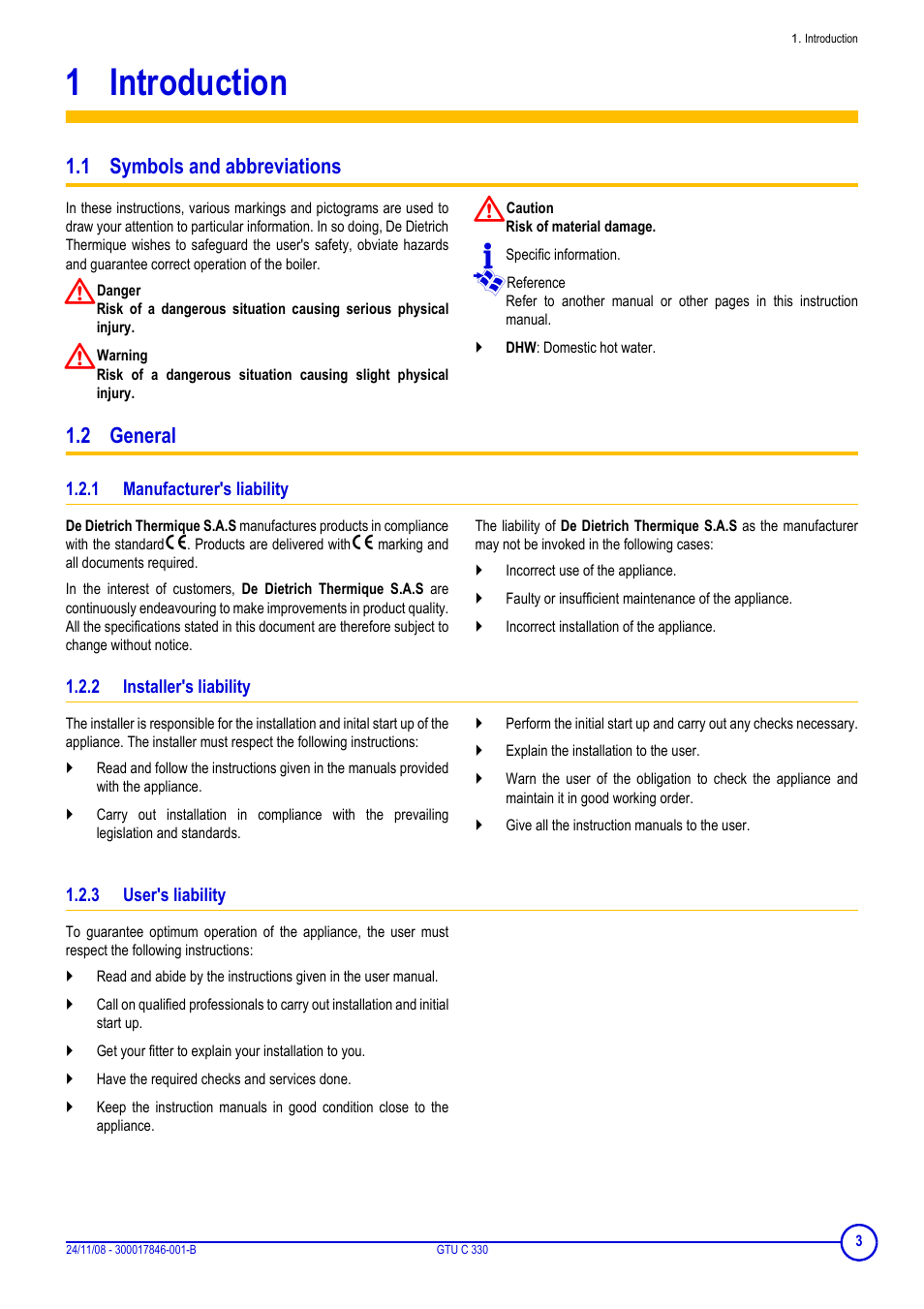 1 introduction, 1 symbols and abbreviations, 2 general | 1 manufacturer's liability, 2 installer's liability, 3 user's liability, Introduction, 1 symbols and abbreviations 1.2 general | DE DIETRICH GTU C 330 User Manual | Page 3 / 24