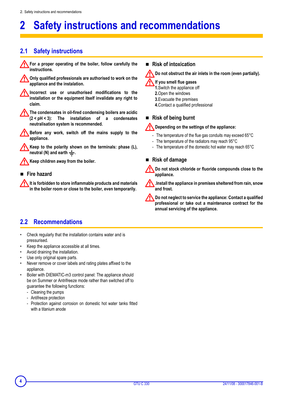 2 safety instructions and recommendations, 1 safety instructions, 2 recommendations | Safety instructions and recommendations, 1 safety instructions 2.2 recommendations | DE DIETRICH GTU C 330 User Manual | Page 4 / 24