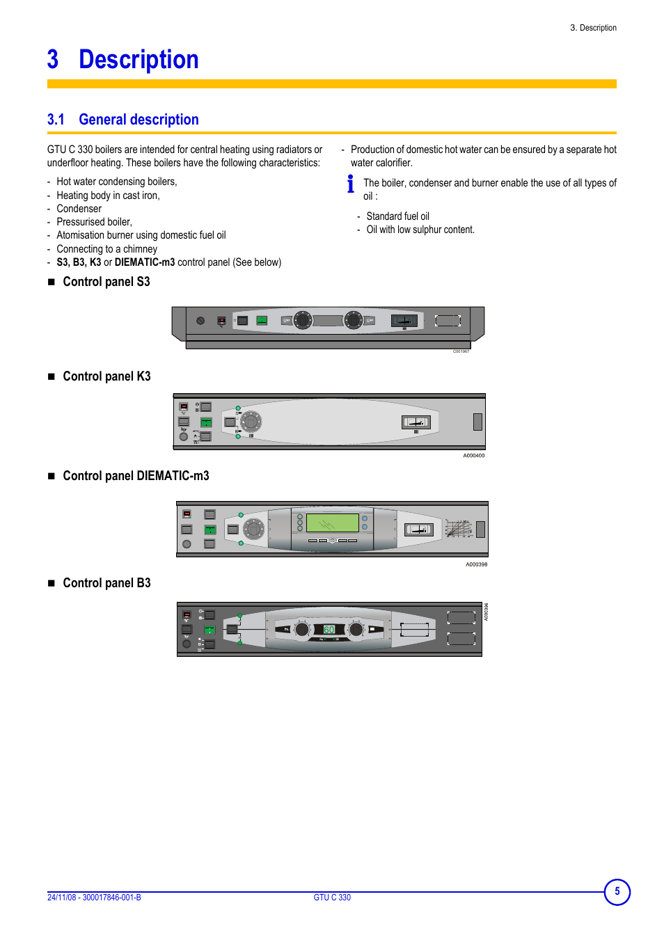 3 description, 1 general description, Description | Control panel s3, Control panel k3, Control panel diematic-m3, Control panel b3 | DE DIETRICH GTU C 330 User Manual | Page 5 / 24