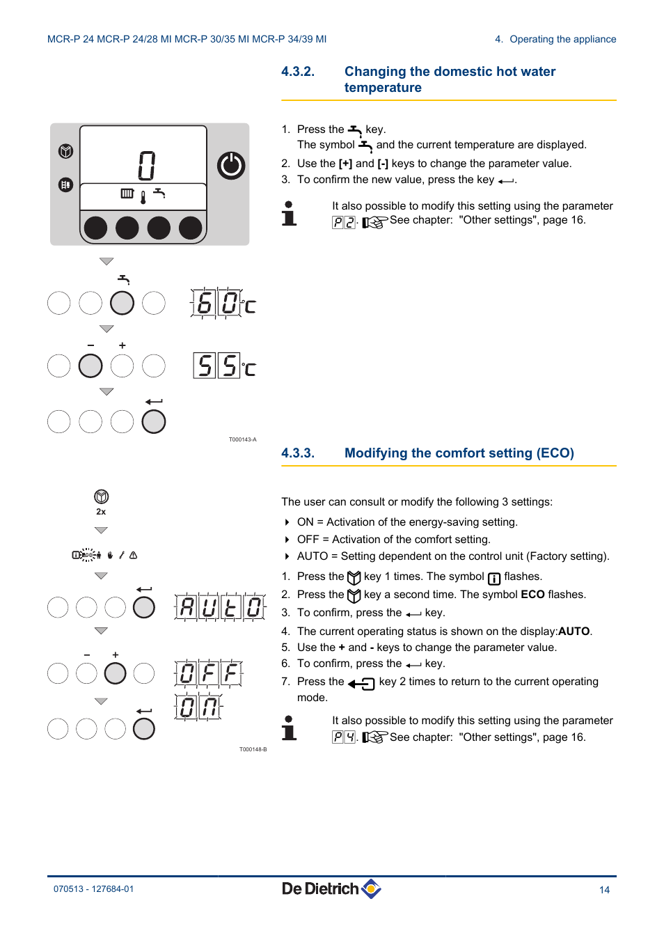 Changing the domestic hot water, Temperature, Modifying the comfort setting (eco) | DE DIETRICH VIVADENS MCR-P 24, MCR-P .._.. MI User Manual | Page 15 / 36