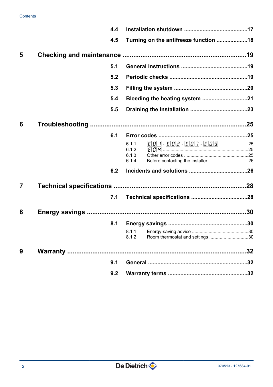 5checking and maintenance, 6troubleshooting, 7technical specifications | 8energy savings, 9warranty | DE DIETRICH VIVADENS MCR-P 24, MCR-P .._.. MI User Manual | Page 3 / 36