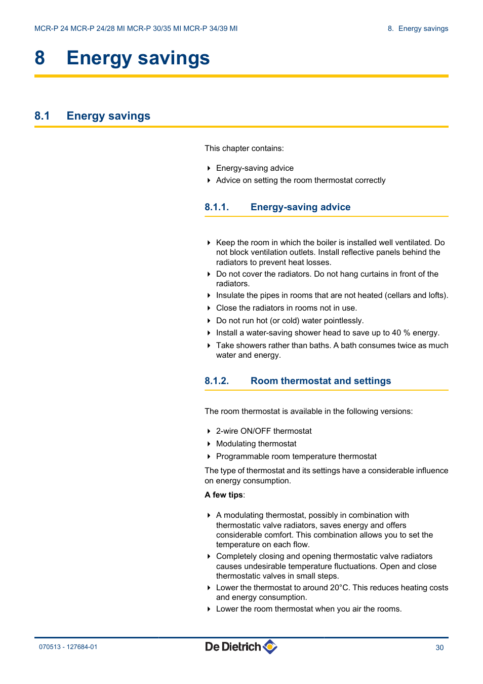 Energy savings, Energy-saving advice, Room thermostat and settings | 8 energy savings, 1 energy savings | DE DIETRICH VIVADENS MCR-P 24, MCR-P .._.. MI User Manual | Page 31 / 36