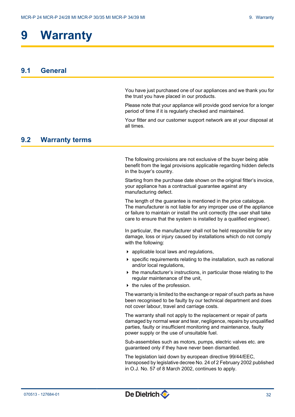 Warranty, General, Warranty terms | 9 warranty, 1 general, 2 warranty terms | DE DIETRICH VIVADENS MCR-P 24, MCR-P .._.. MI User Manual | Page 33 / 36