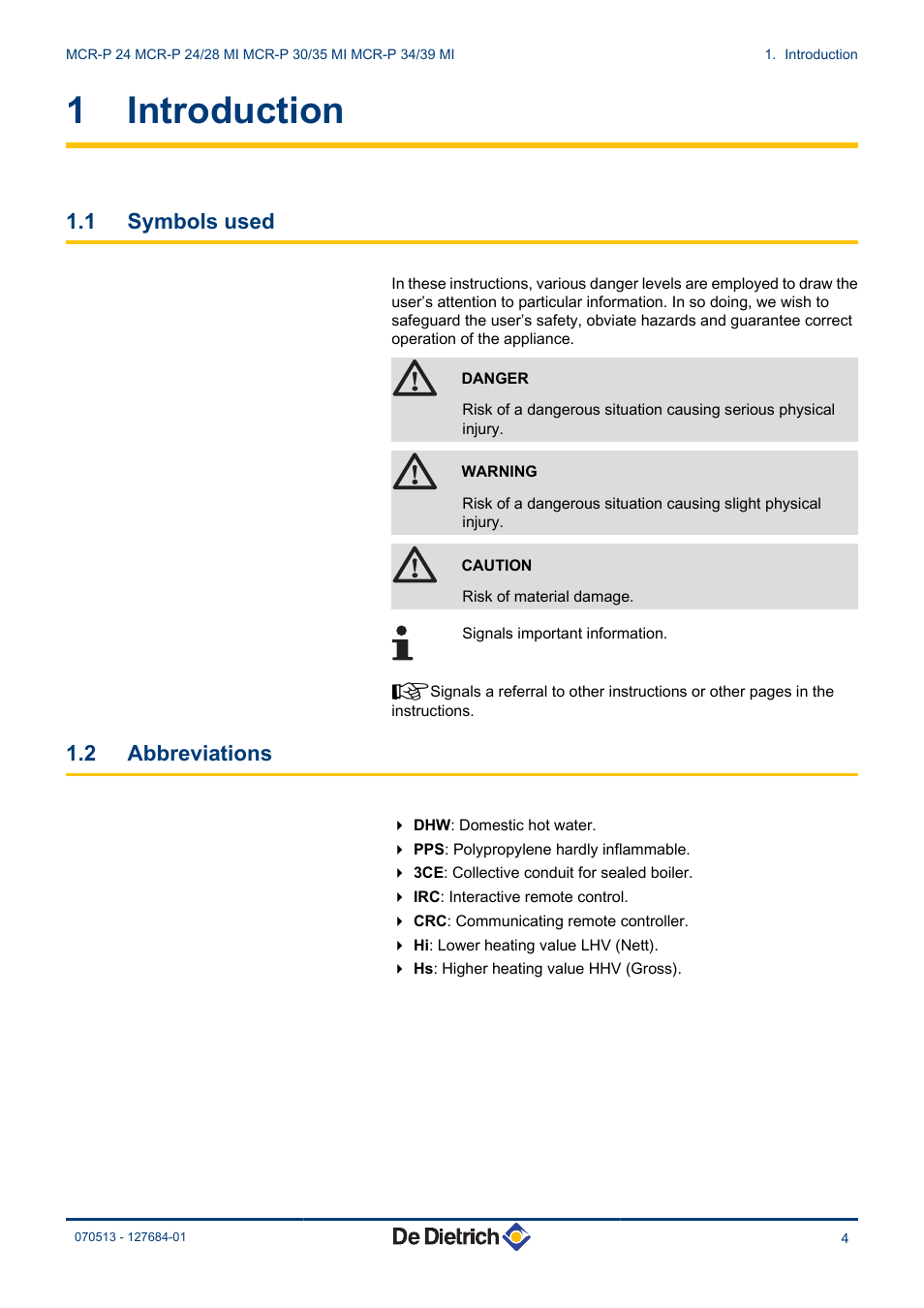 Introduction, Symbols used, Abbreviations | 1 introduction, 1 symbols used, 2 abbreviations | DE DIETRICH VIVADENS MCR-P 24, MCR-P .._.. MI User Manual | Page 5 / 36