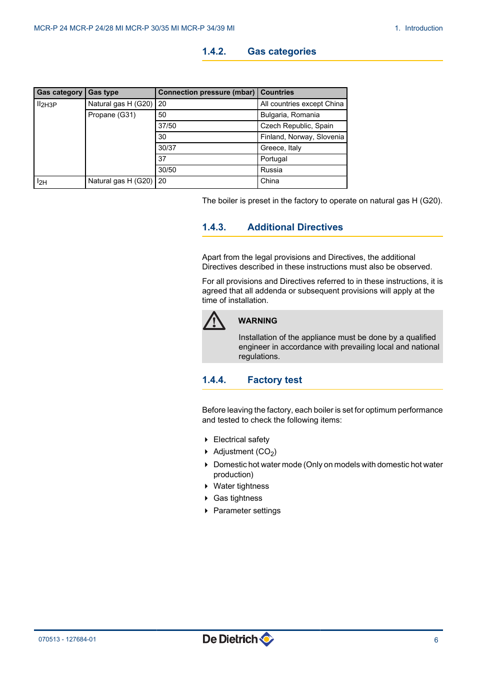 Gas categories, Additional directives, Factory test | DE DIETRICH VIVADENS MCR-P 24, MCR-P .._.. MI User Manual | Page 7 / 36