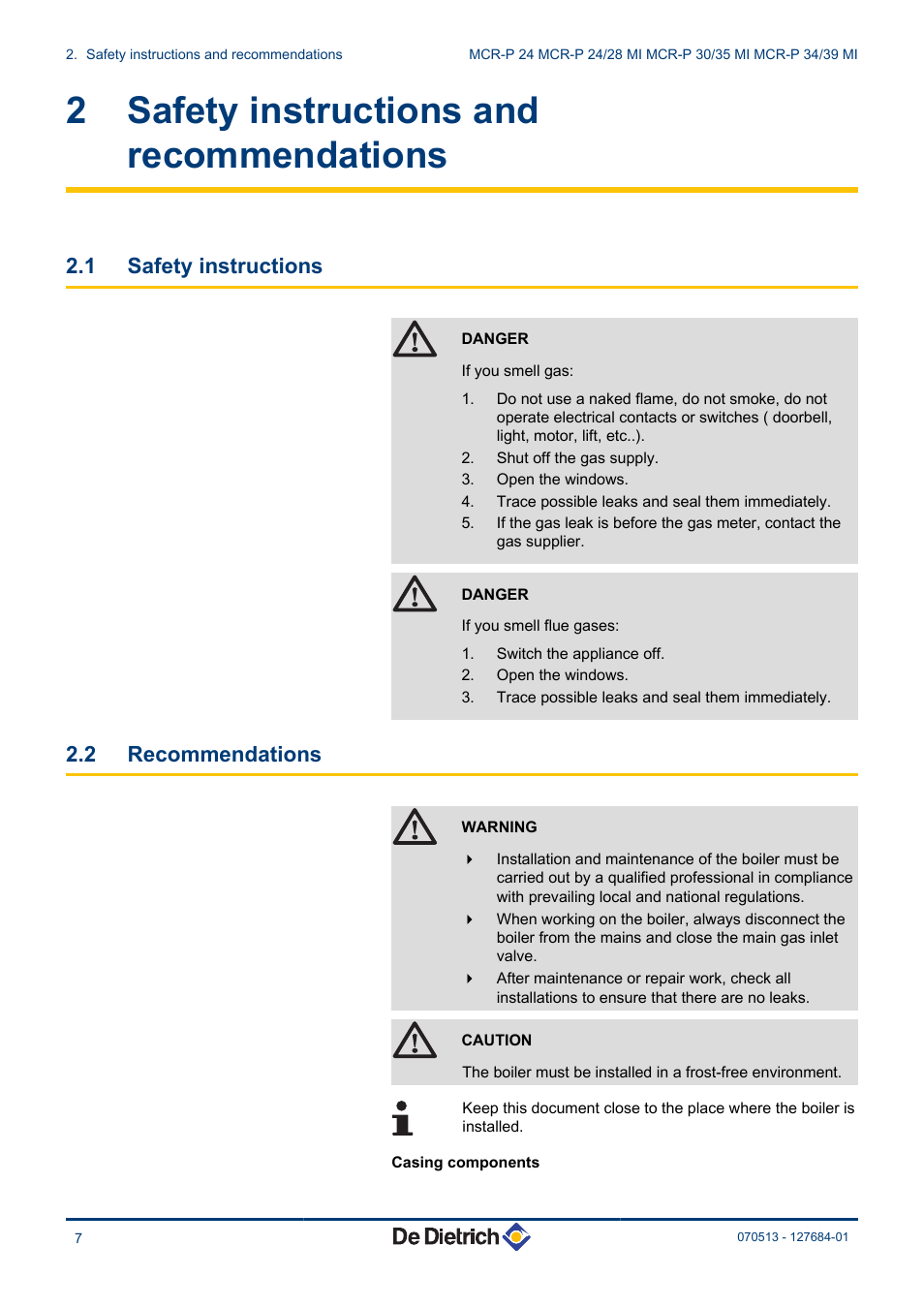 Safety instructions and recommendations, Safety instructions, Recommendations | 2 safety instructions and recommendations, 1 safety instructions, 2 recommendations | DE DIETRICH VIVADENS MCR-P 24, MCR-P .._.. MI User Manual | Page 8 / 36