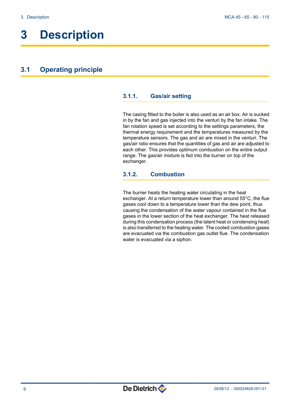 Description, Operating principle, Gas/air setting | Combustion, 3 description, 1 operating principle | DE DIETRICH INNOVENS PRO MCA 45 - 65 - 90 - 115 User Manual | Page 10 / 56