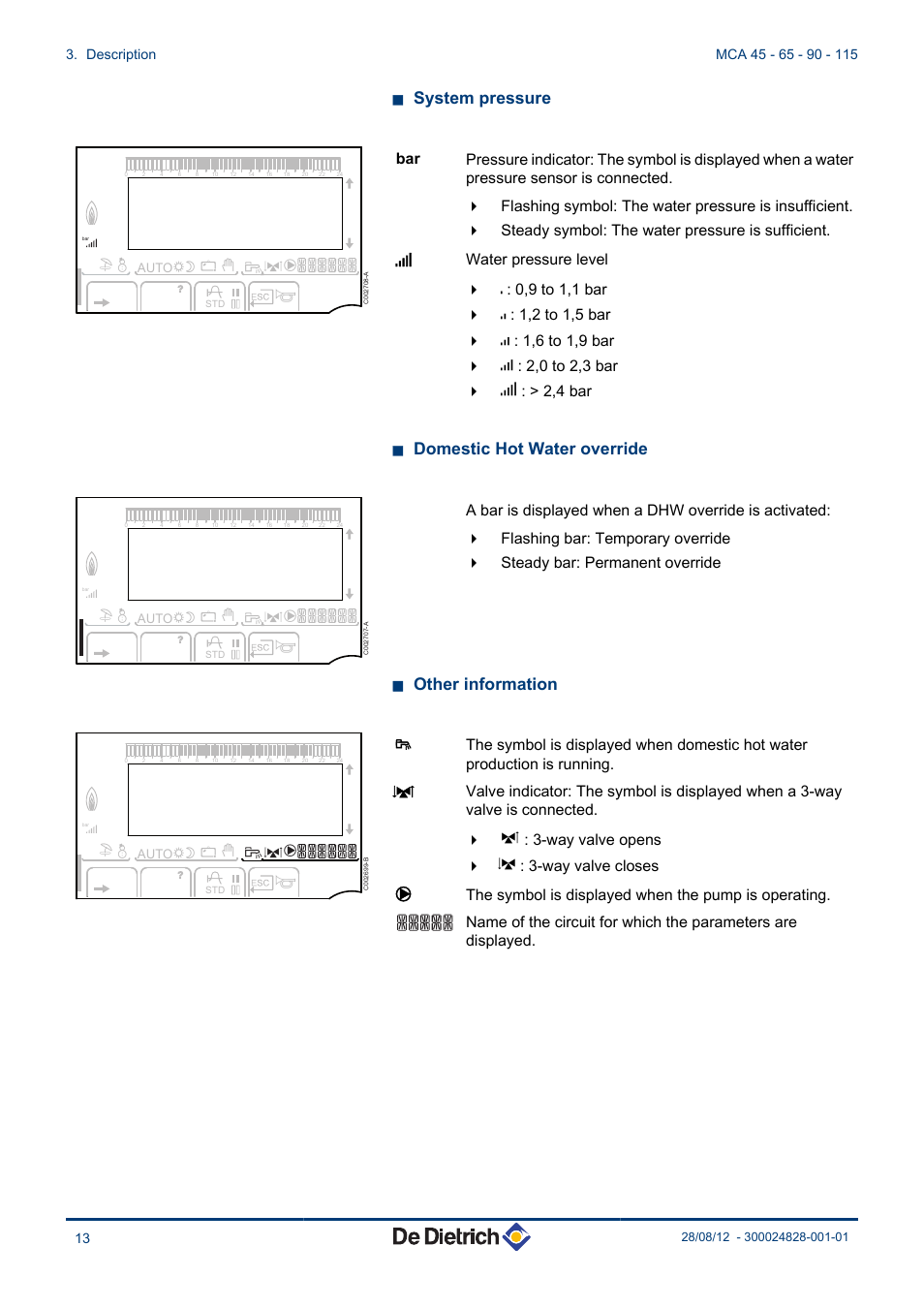 N system pressure, N domestic hot water override, N other information | DE DIETRICH INNOVENS PRO MCA 45 - 65 - 90 - 115 User Manual | Page 14 / 56