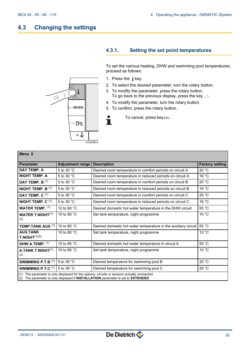 Changing the settings, Setting the set point temperatures, 3 changing the settings | DE DIETRICH INNOVENS PRO MCA 45 - 65 - 90 - 115 User Manual | Page 21 / 56