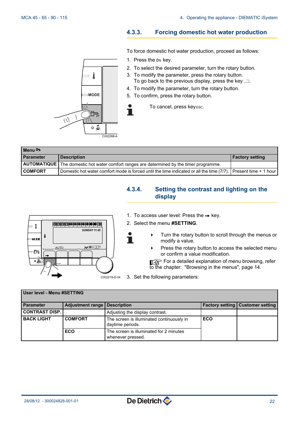 Forcing domestic hot water production, Setting the contrast and lighting on the, Display | Setting the contrast and lighting on the display | DE DIETRICH INNOVENS PRO MCA 45 - 65 - 90 - 115 User Manual | Page 23 / 56