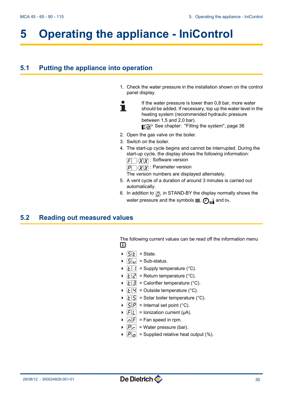 Operating the appliance - inicontrol, Putting the appliance into operation, Reading out measured values | 5 operating the appliance - inicontrol, 1 putting the appliance into operation, 2 reading out measured values | DE DIETRICH INNOVENS PRO MCA 45 - 65 - 90 - 115 User Manual | Page 31 / 56