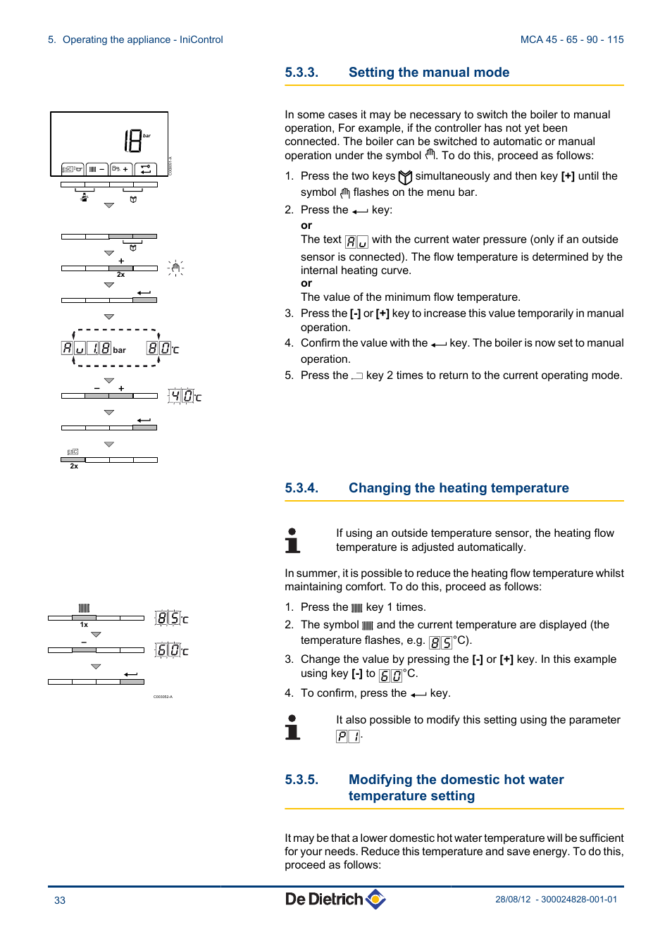 Setting the manual mode, Changing the heating temperature, Modifying the domestic hot water temperature | Setting | DE DIETRICH INNOVENS PRO MCA 45 - 65 - 90 - 115 User Manual | Page 34 / 56