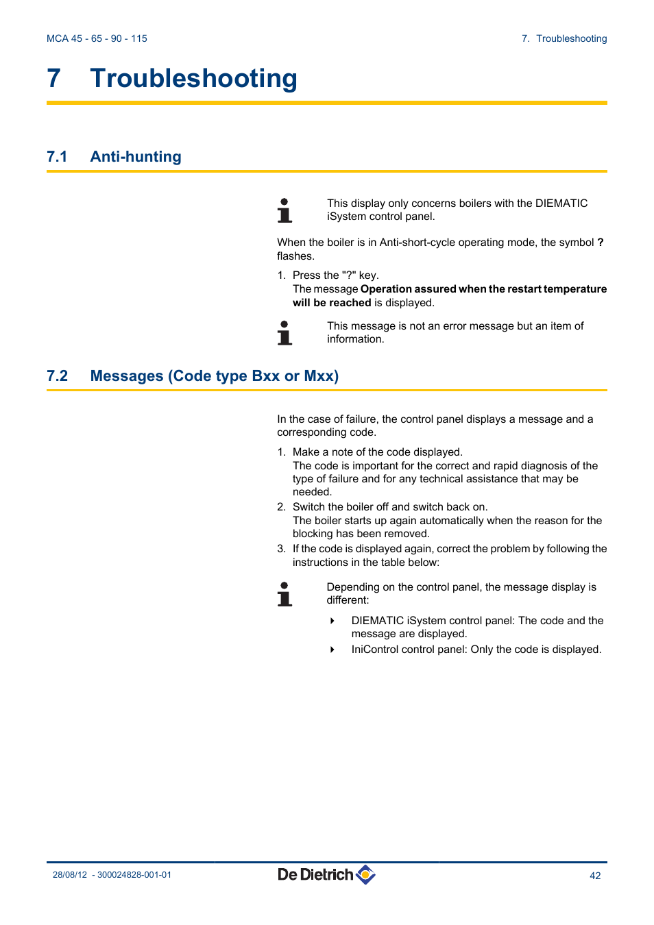 Troubleshooting, Anti-hunting, Messages (code type bxx or mxx) | 7 troubleshooting, 1 anti-hunting, 2 messages (code type bxx or mxx) | DE DIETRICH INNOVENS PRO MCA 45 - 65 - 90 - 115 User Manual | Page 43 / 56