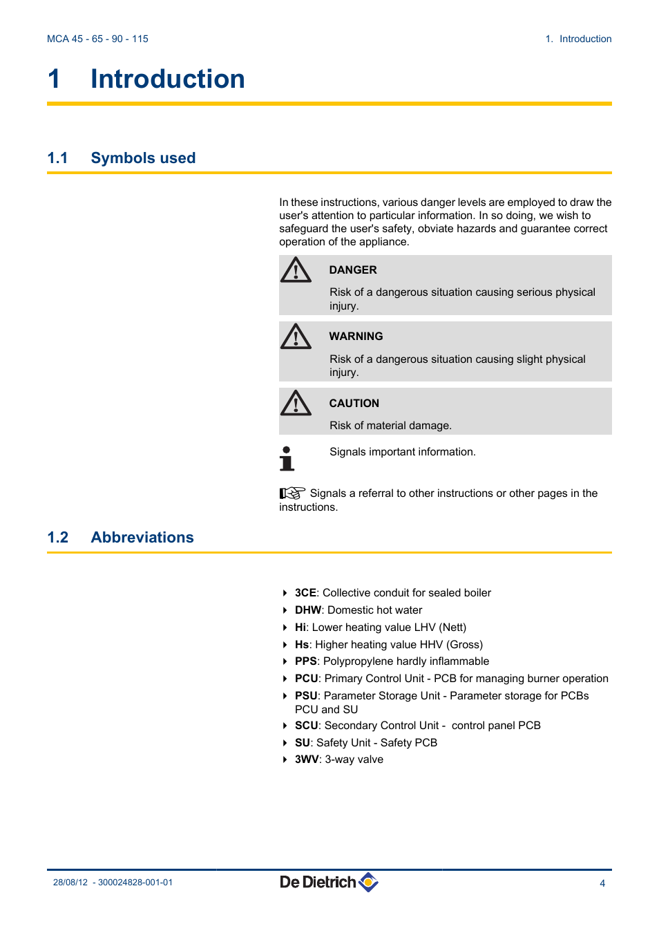 Introduction, Symbols used, Abbreviations | 1 introduction, 1 symbols used, 2 abbreviations | DE DIETRICH INNOVENS PRO MCA 45 - 65 - 90 - 115 User Manual | Page 5 / 56