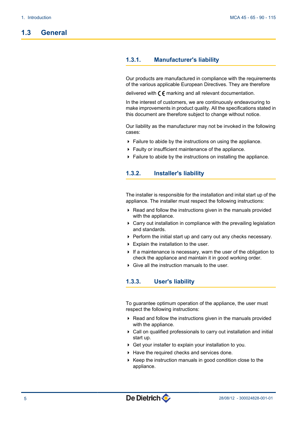 General, Manufacturer's liability, Installer's liability | User's liability, 3 general | DE DIETRICH INNOVENS PRO MCA 45 - 65 - 90 - 115 User Manual | Page 6 / 56