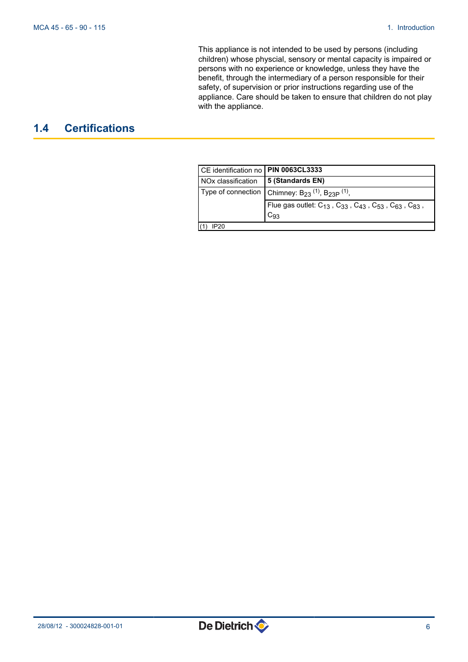 Certifications, 4 certifications | DE DIETRICH INNOVENS PRO MCA 45 - 65 - 90 - 115 User Manual | Page 7 / 56