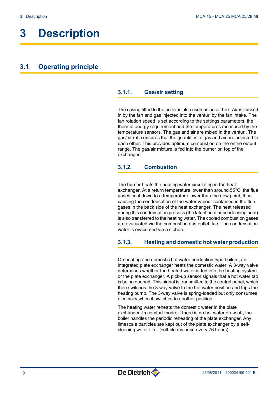 Description, Operating principle, Gas/air setting | Combustion, Heating and domestic hot water production, 3 description, 1 operating principle | DE DIETRICH INNOVENS MCA 15 - MCA 25 - MCA 25_28 MI User Manual | Page 10 / 44
