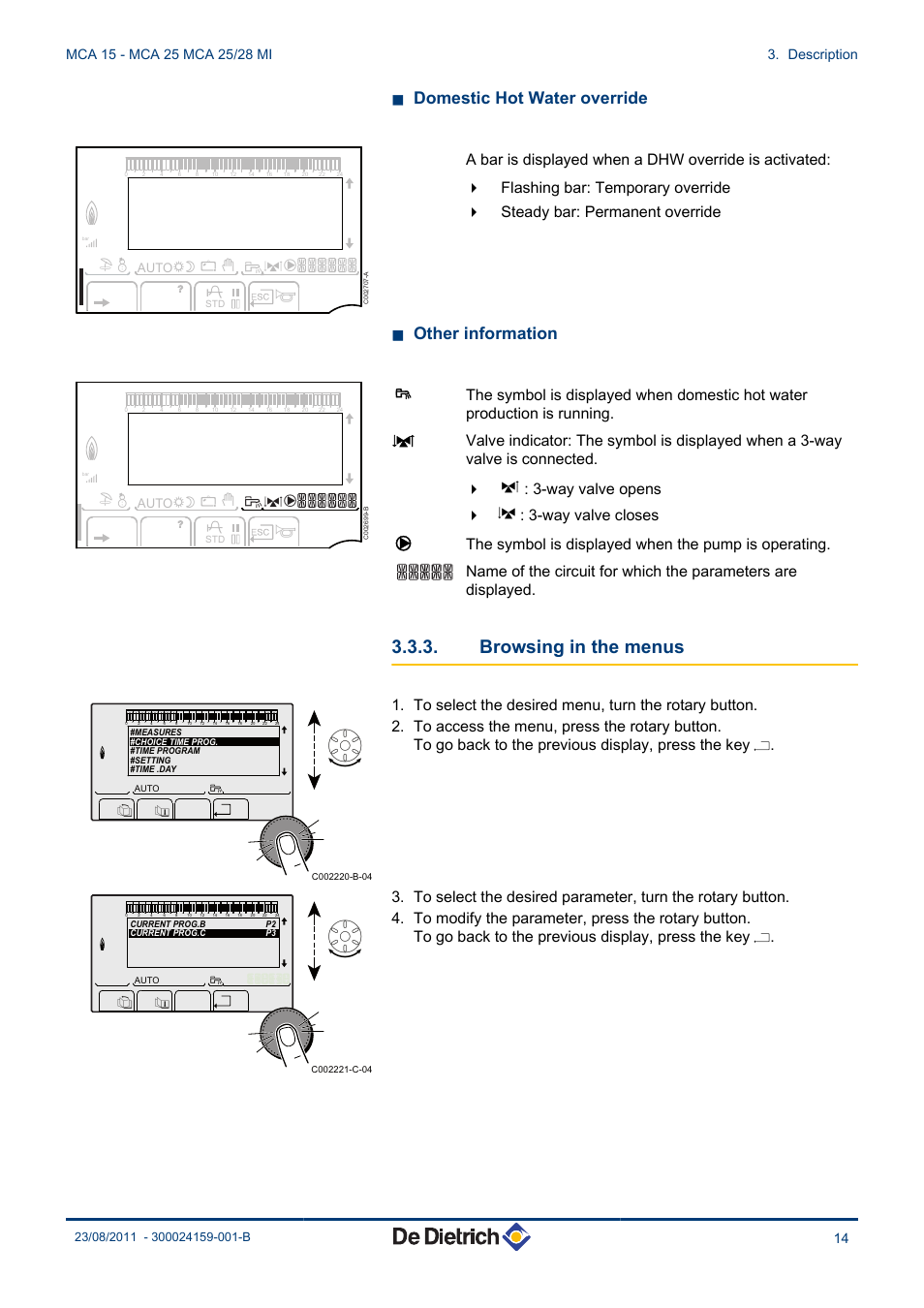 Browsing in the menus, N domestic hot water override, N other information | Auto | DE DIETRICH INNOVENS MCA 15 - MCA 25 - MCA 25_28 MI User Manual | Page 15 / 44