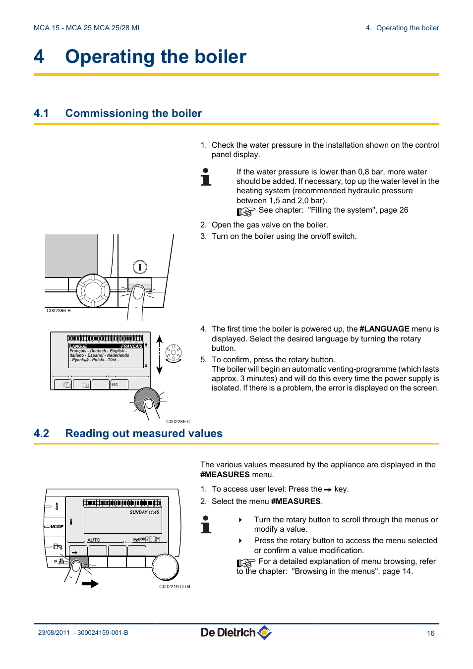 Operating the boiler, Commissioning the boiler, Reading out measured values | 4 operating the boiler, 1 commissioning the boiler, 2 reading out measured values | DE DIETRICH INNOVENS MCA 15 - MCA 25 - MCA 25_28 MI User Manual | Page 17 / 44