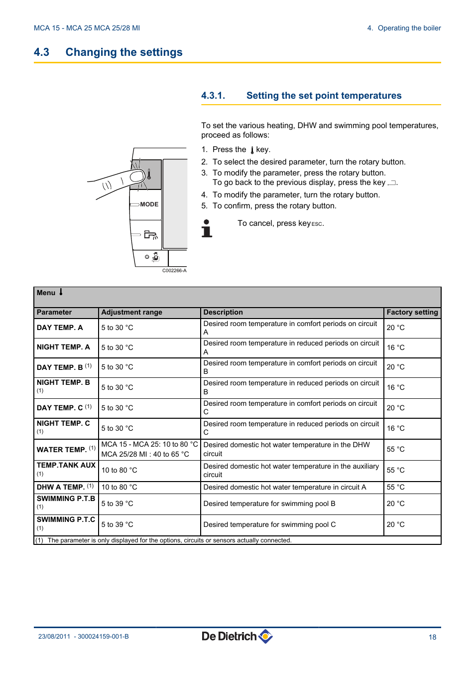 Changing the settings, Setting the set point temperatures, 3 changing the settings | DE DIETRICH INNOVENS MCA 15 - MCA 25 - MCA 25_28 MI User Manual | Page 19 / 44