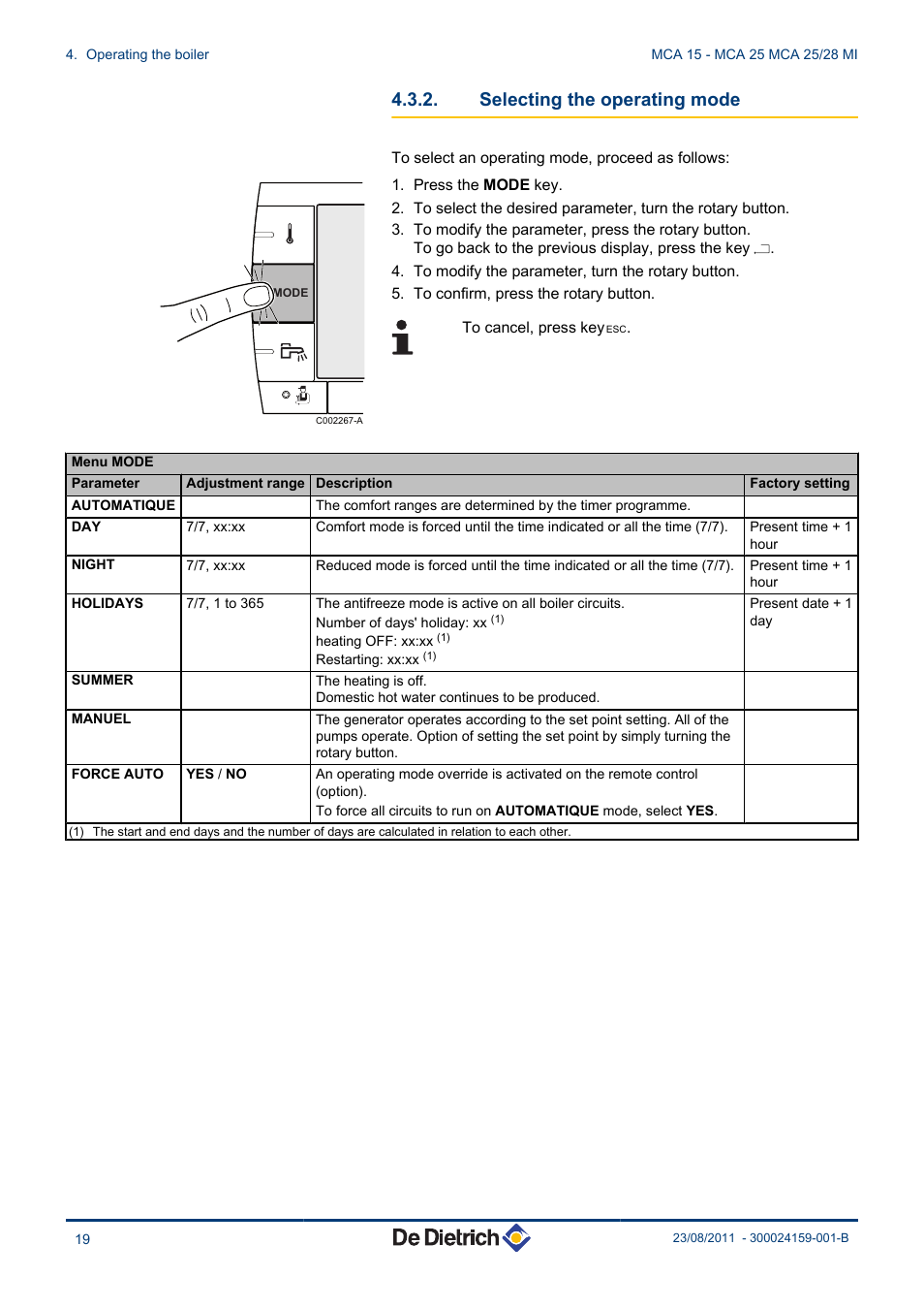 Selecting the operating mode | DE DIETRICH INNOVENS MCA 15 - MCA 25 - MCA 25_28 MI User Manual | Page 20 / 44