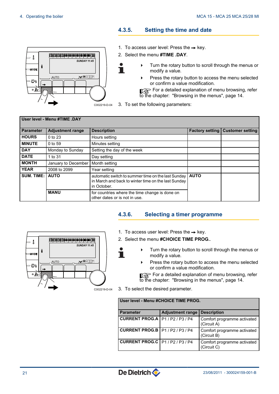 Setting the time and date, Selecting a timer programme | DE DIETRICH INNOVENS MCA 15 - MCA 25 - MCA 25_28 MI User Manual | Page 22 / 44