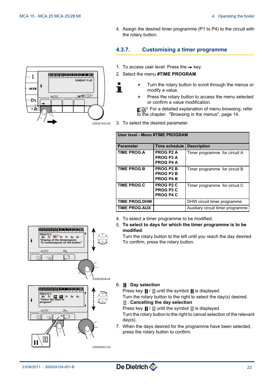 Customising a timer programme, Dhw circuit timer programme time prog.aux, Auxiliary circuit timer programme | DE DIETRICH INNOVENS MCA 15 - MCA 25 - MCA 25_28 MI User Manual | Page 23 / 44