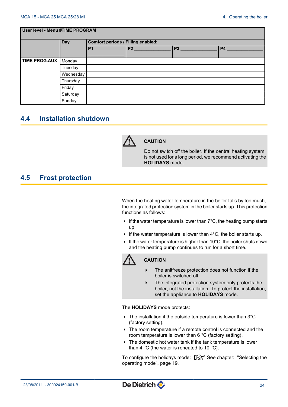 Installation shutdown, Frost protection, 4 installation shutdown | 5 frost protection | DE DIETRICH INNOVENS MCA 15 - MCA 25 - MCA 25_28 MI User Manual | Page 25 / 44