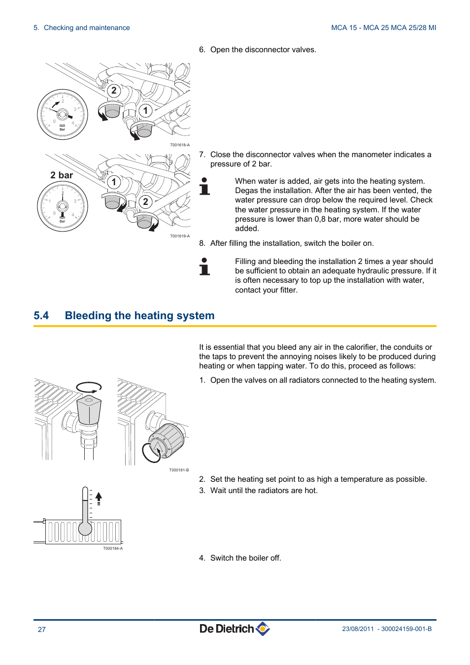 Bleeding the heating system, 4 bleeding the heating system, 21 2 bar | DE DIETRICH INNOVENS MCA 15 - MCA 25 - MCA 25_28 MI User Manual | Page 28 / 44