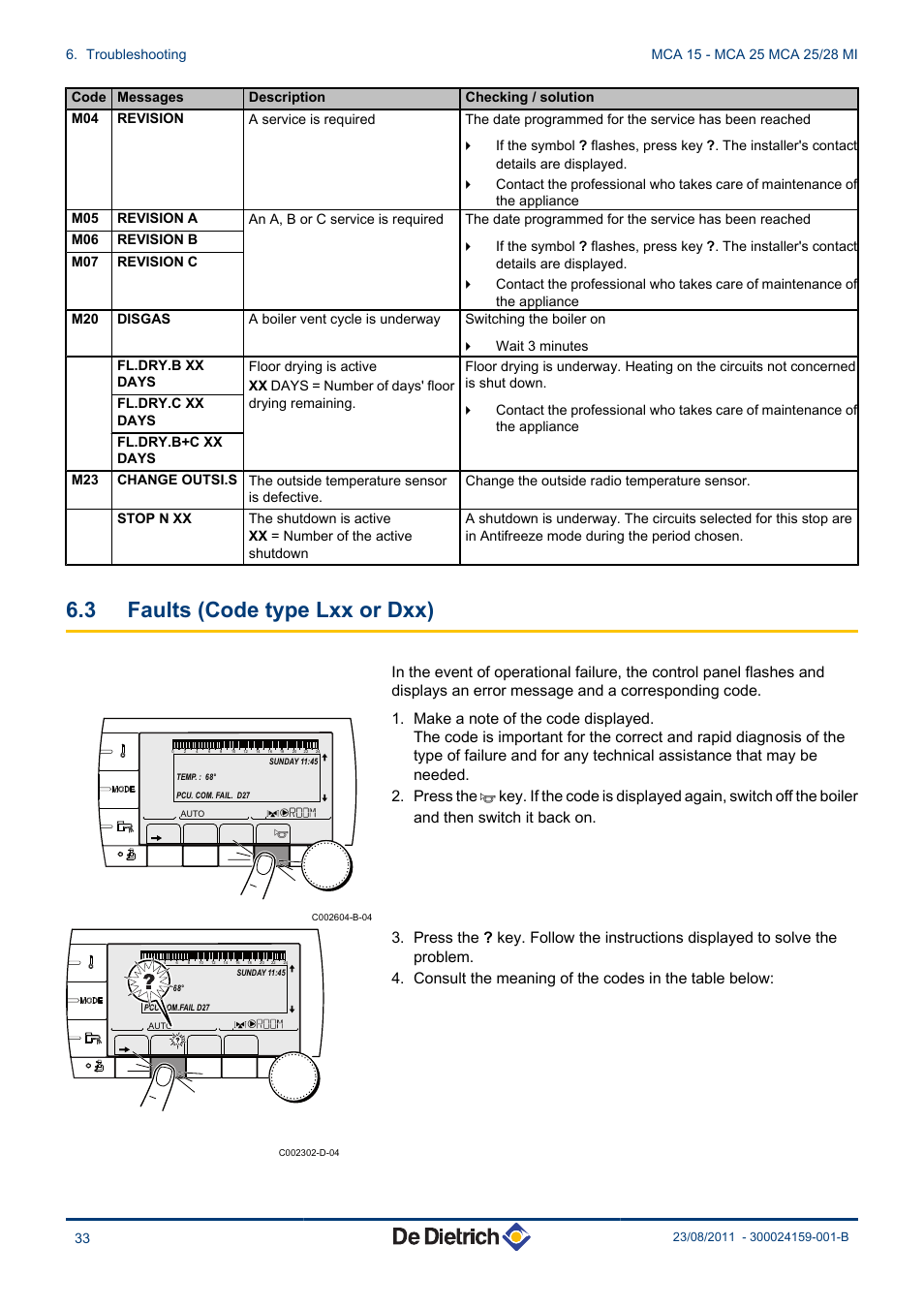 Faults (code type lxx or dxx), 3 faults (code type lxx or dxx) | DE DIETRICH INNOVENS MCA 15 - MCA 25 - MCA 25_28 MI User Manual | Page 34 / 44