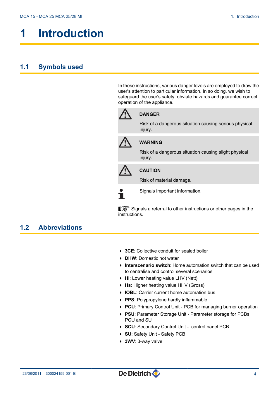 Introduction, Symbols used, Abbreviations | 1 introduction, 1 symbols used, 2 abbreviations | DE DIETRICH INNOVENS MCA 15 - MCA 25 - MCA 25_28 MI User Manual | Page 5 / 44