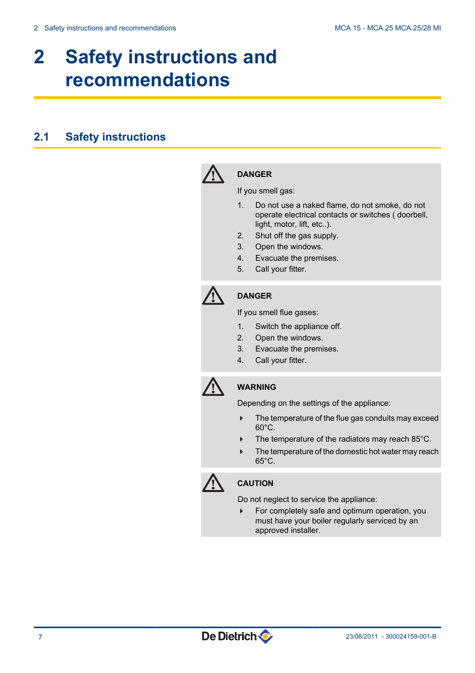 Safety instructions and recommendations, Safety instructions, 2 safety instructions and recommendations | 1 safety instructions | DE DIETRICH INNOVENS MCA 15 - MCA 25 - MCA 25_28 MI User Manual | Page 8 / 44