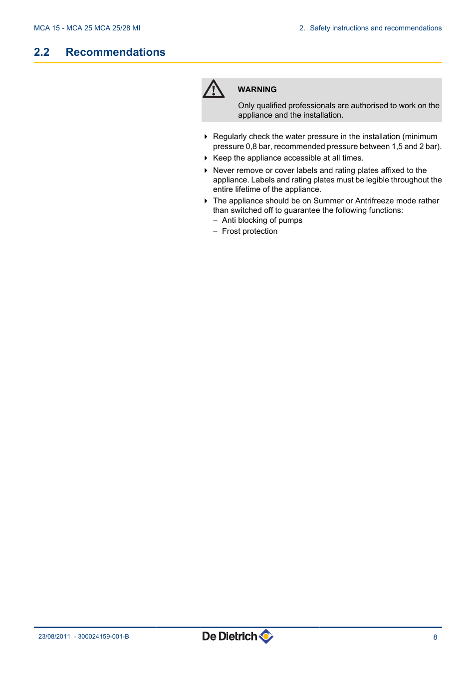 Recommendations, 2 recommendations | DE DIETRICH INNOVENS MCA 15 - MCA 25 - MCA 25_28 MI User Manual | Page 9 / 44