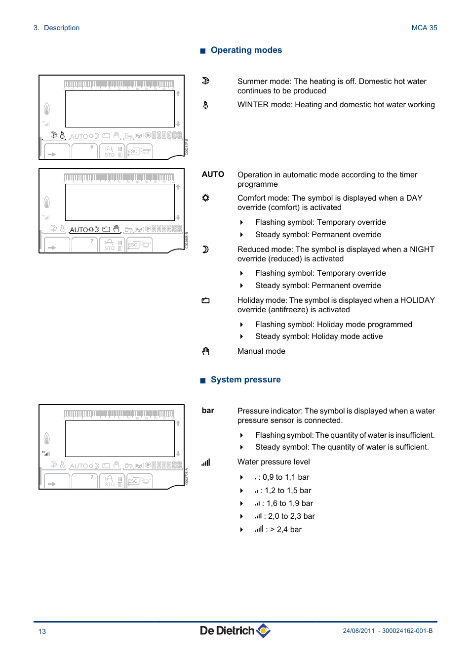 N operating modes, N system pressure | DE DIETRICH INNOVENS MCA 35 User Manual | Page 14 / 44