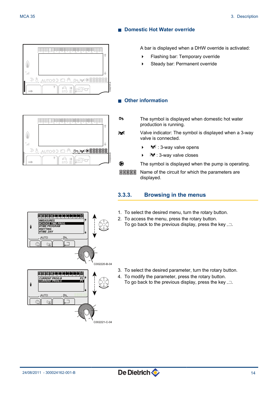 Browsing in the menus, N domestic hot water override, N other information | Mca 35 3. description, Auto | DE DIETRICH INNOVENS MCA 35 User Manual | Page 15 / 44